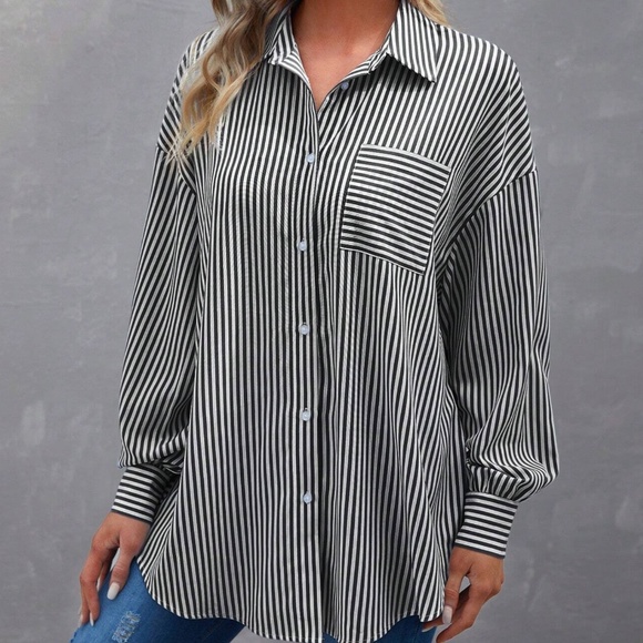 Classic Oversized Striped Button Down Boyfriend Shirt - Picture 8 of 8